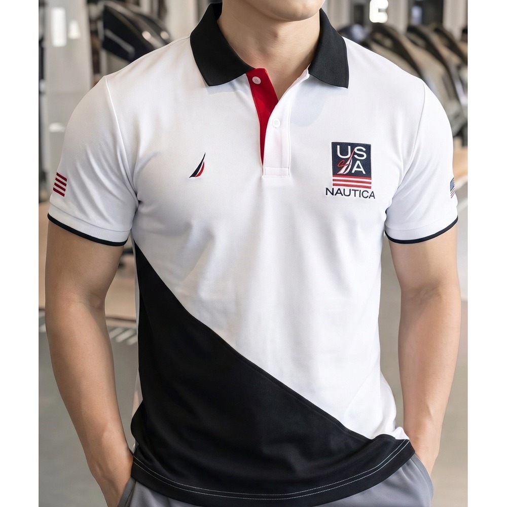 Nautica Rugby Polo Shirt Men's XL Slim Fit Big USA Flag